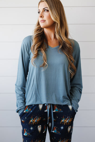 Adult Women's Blue Long Sleeve V-Neck Shirt (match for O Holy Night)