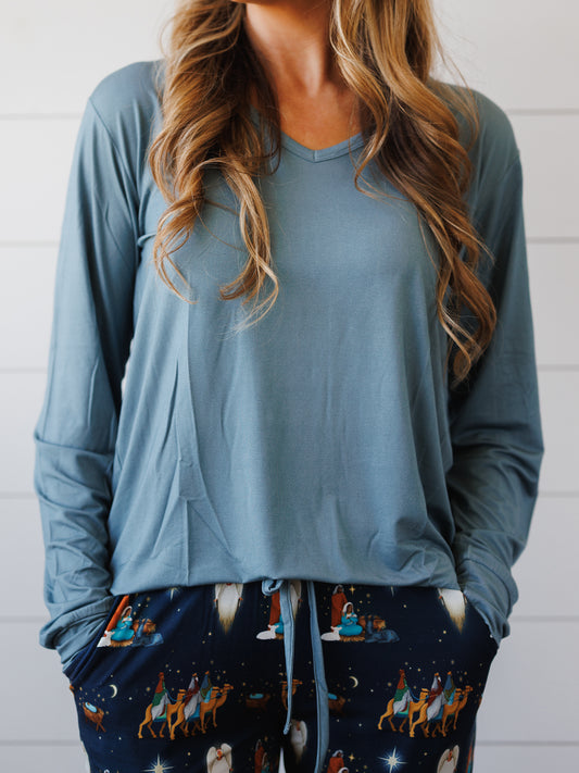 Adult Women's Blue Long Sleeve V-Neck Shirt (match for O Holy Night)