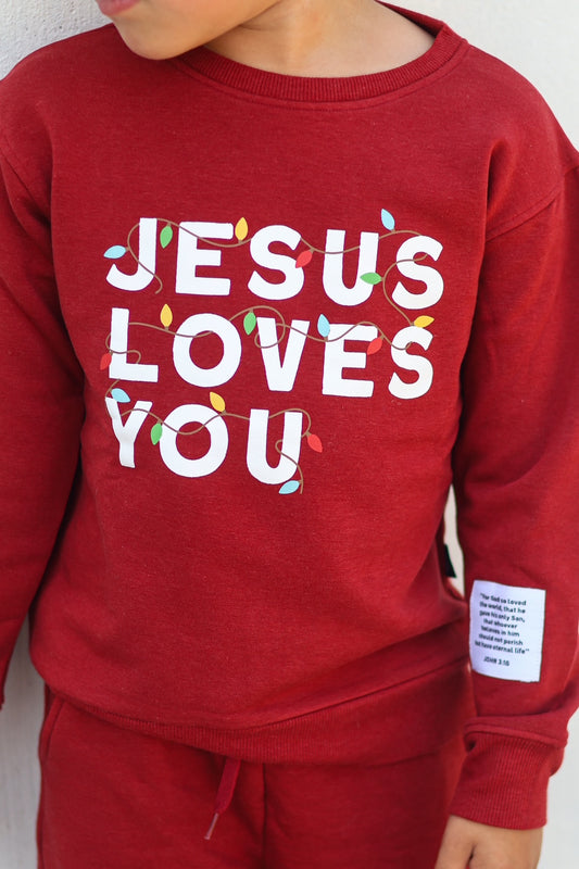 Jesus Loves You Red Kid's Pullover Sweatshirt