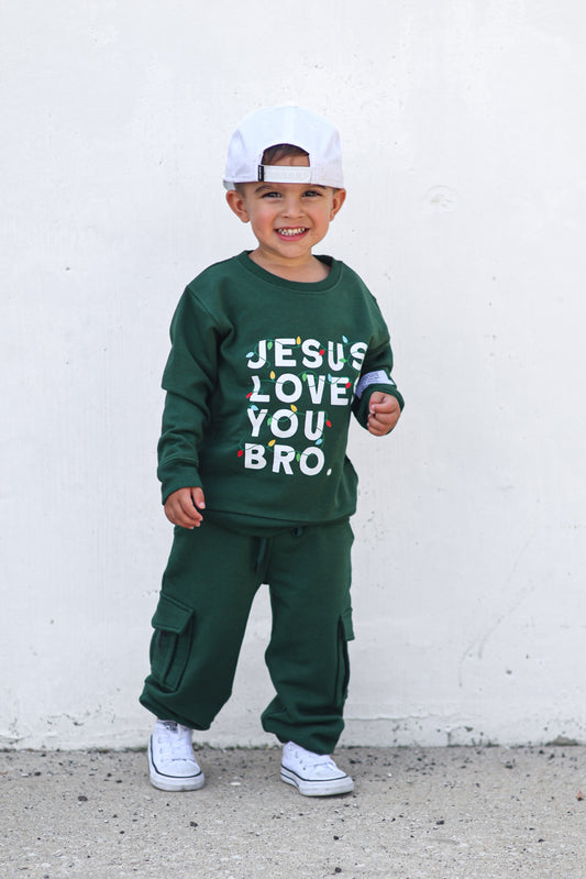 Green Jesus Loves You Bro Kid's Pullover & Cargo Jogger Set