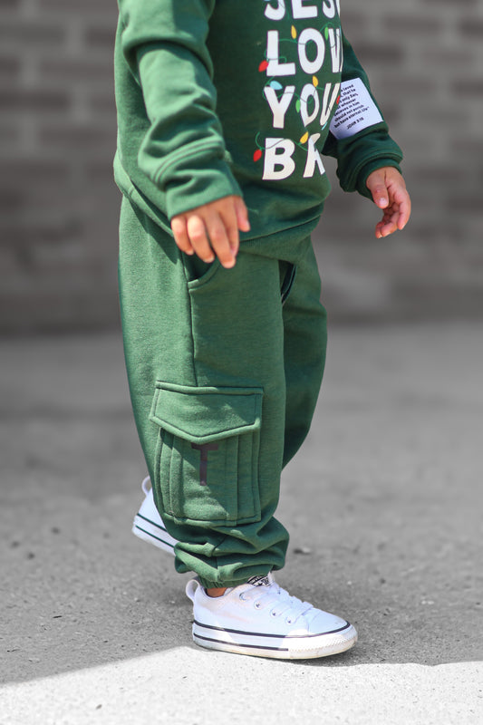 Green Jesus Loves You Bro Kid's Pullover & Cargo Jogger Set