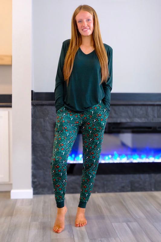 Adult Women's Deep Green Long Sleeve V-Neck Shirt (match for Glory to God)